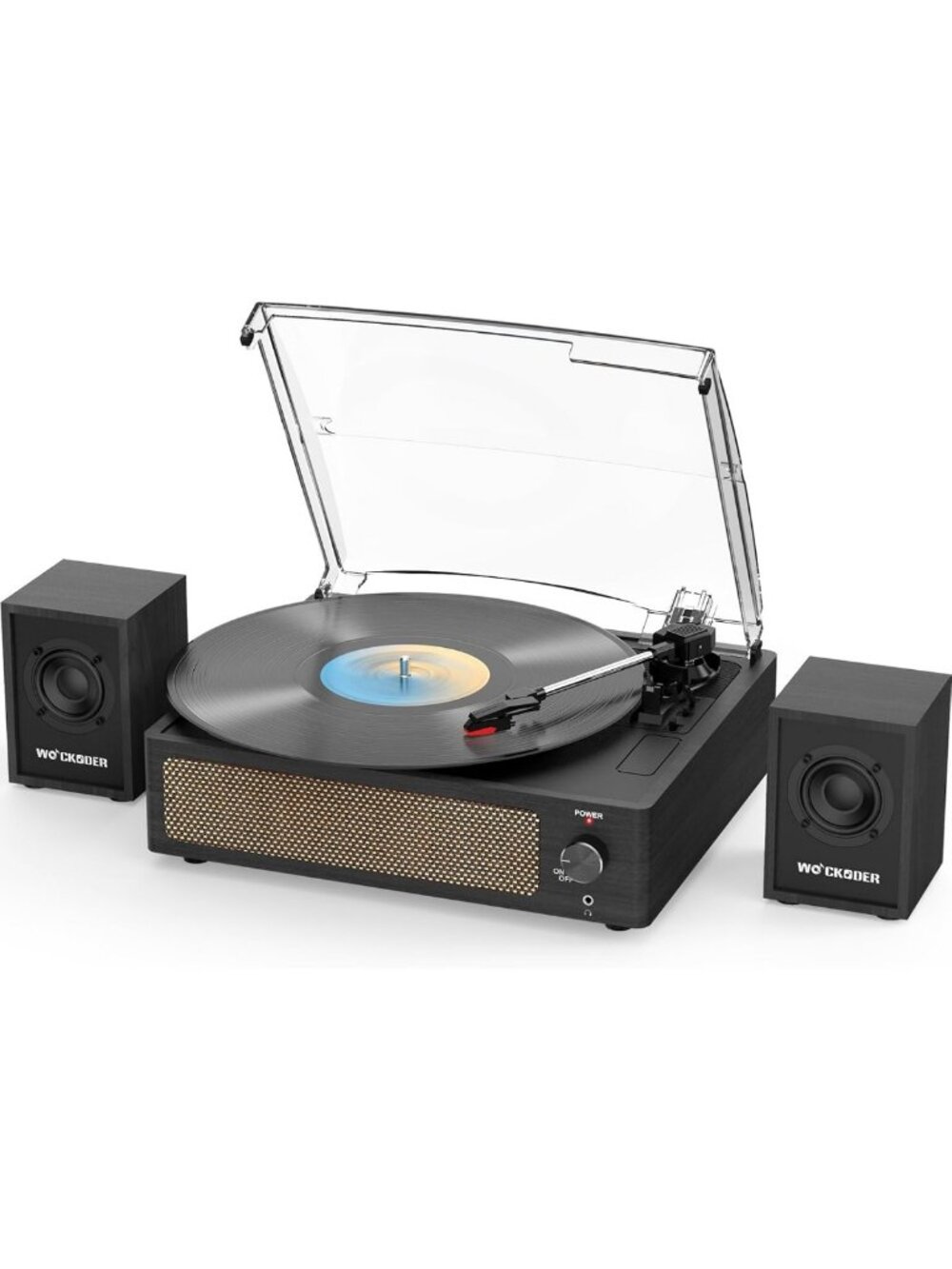 Stylish Black Wooden Vinyl Record Player with 2 Passive Speakers, Retro Audio